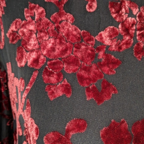 Chico's Red Blouse Silk & Velvet Mix Print Long sleeve Burn-out Size 2 - Picture 3 of 9